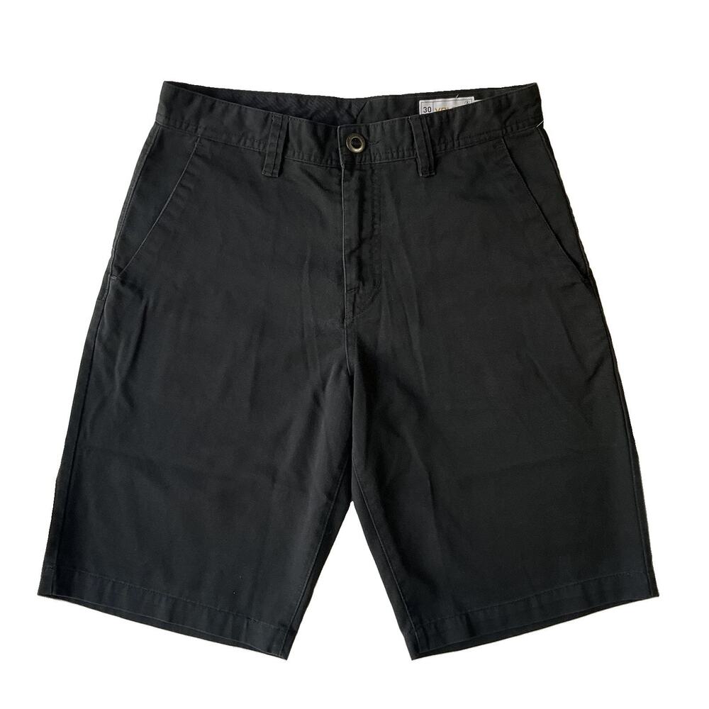 Volcom Men Shorts 30 Black Chino Twill Logo 10" Inseam Flat Front 30” Waist